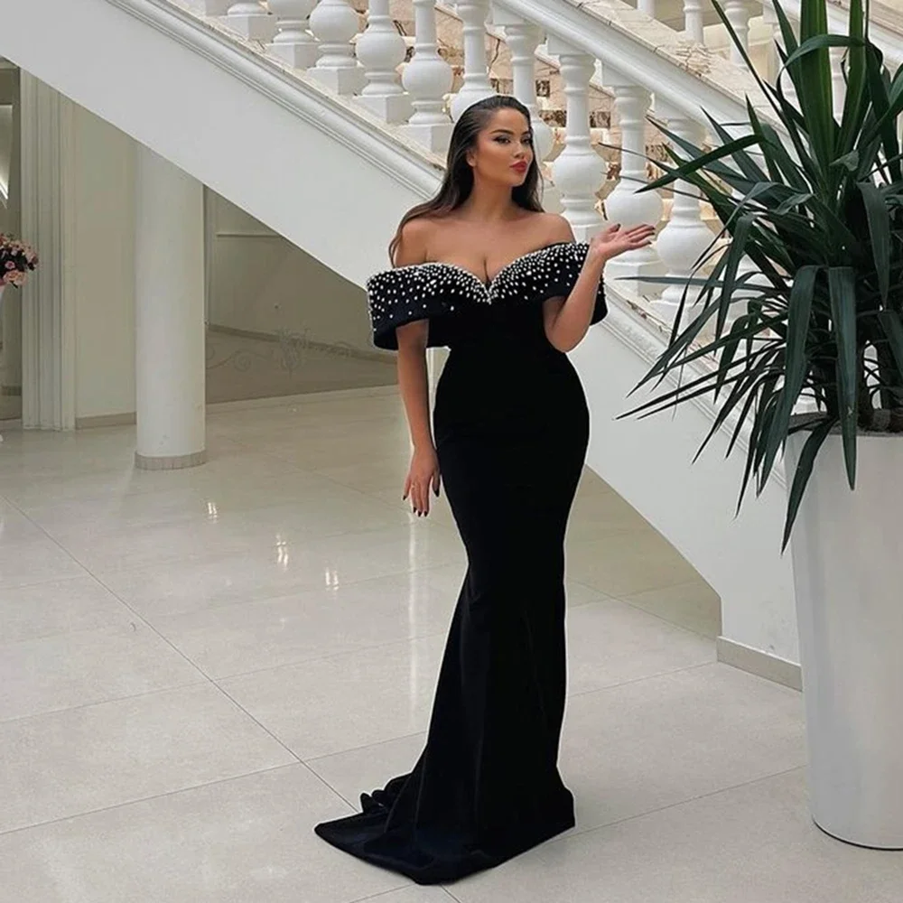 Black Formal Dress Mermaid Beads Satin Prom Dresses For Women Party Dress Off The Shoulder Formal Prom Gowns