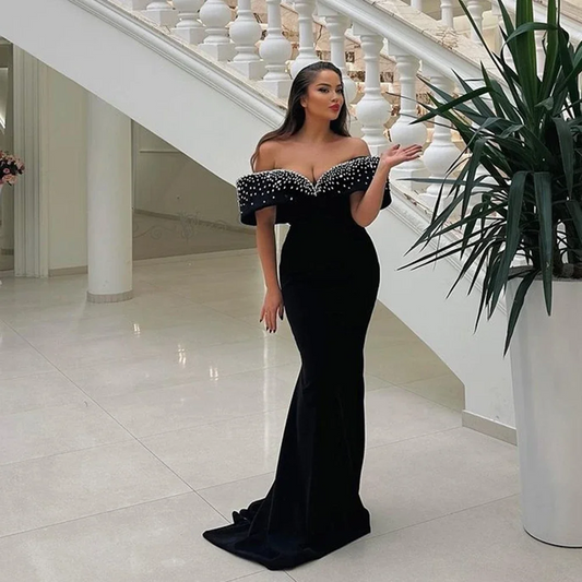 Black Formal Dress Mermaid Beads Satin Prom Dresses For Women Party Dress Off The Shoulder Formal Prom Gowns