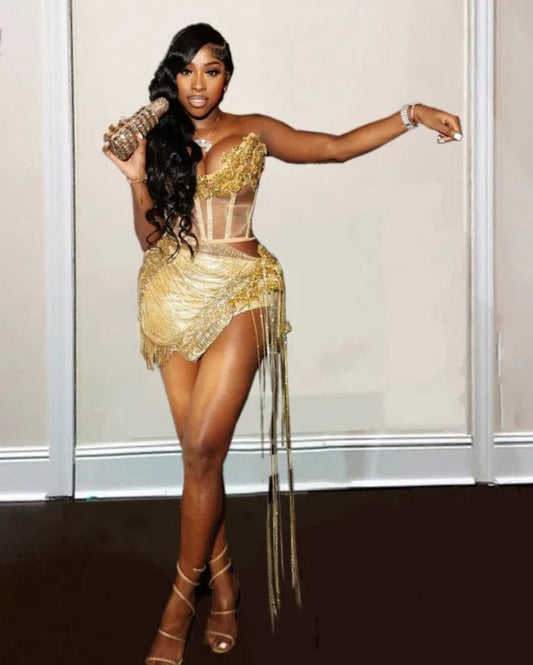 Giltter Gold Short Prom Dresses Rhinestone Black Girls Birthday Party Gowns Tassel Homecoming Dress