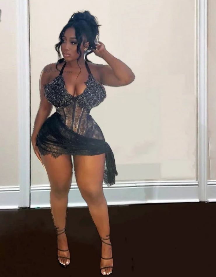 Sexy Lace Mini Prom Dresses For Women Halter Sleeveless Rhinestone Black Girls Short Birthday Dress Party Gowns