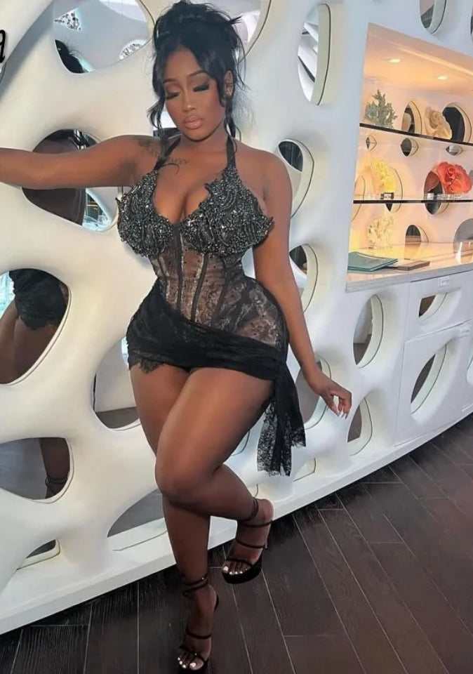 Sexy Lace Mini Prom Dresses For Women Halter Sleeveless Rhinestone Black Girls Short Birthday Dress Party Gowns