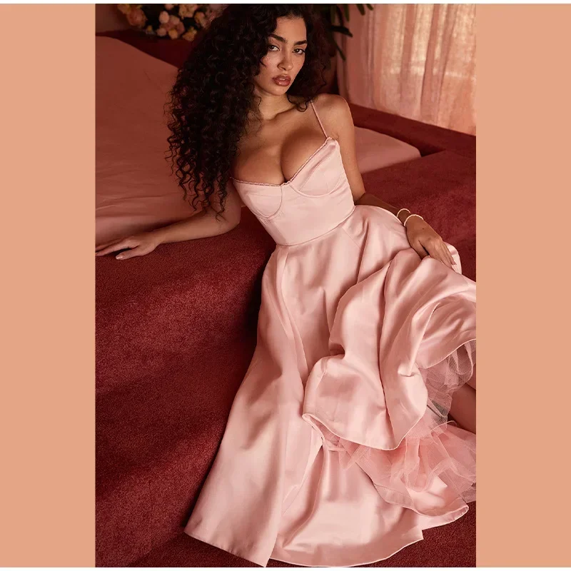 Elegant Double Layer Mesh Midi Dresses Women Fashion Square Neck Sleeveless Backless Dress New Female Party