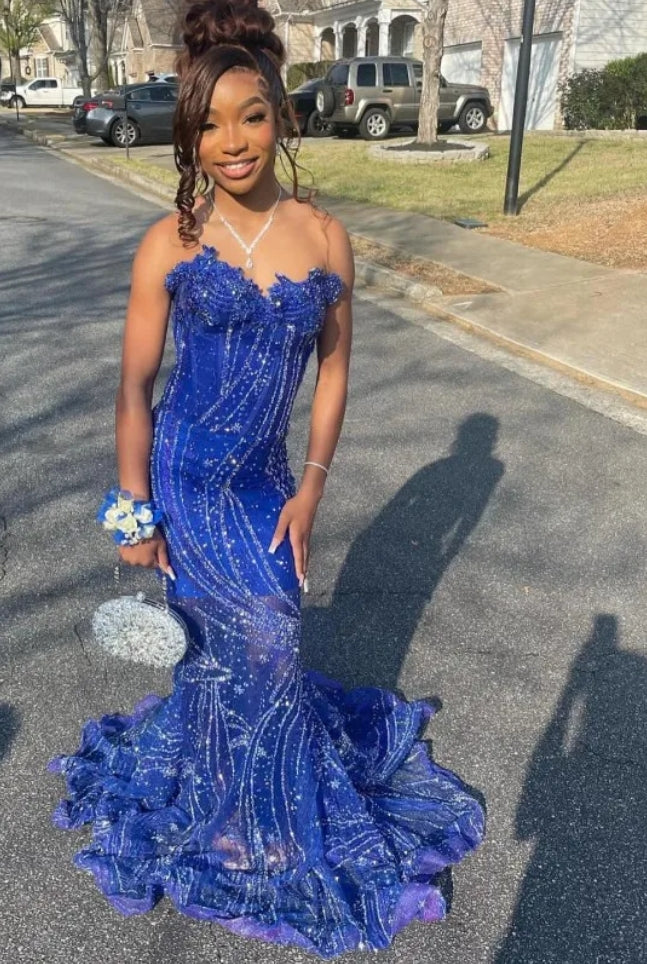 Royal Blue Mermaid Prom Dresses Black Girl Rhinestone Birthday Party Outfit Sweetheart Sequin Backless