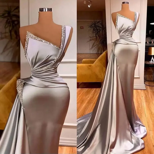 Silver Evening Dresses with Crystal Satin One Shoulder Mermaid Prom Dress for Elegant Women Ruffles Formal