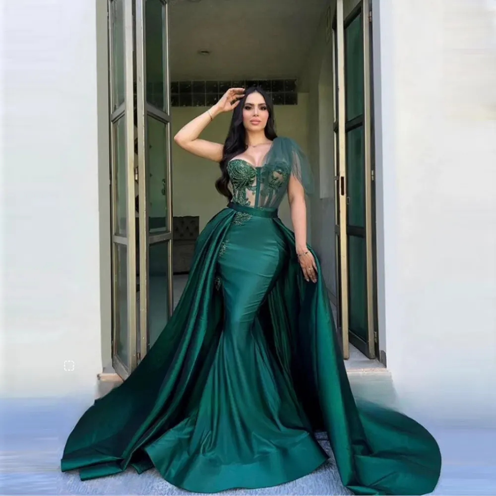 Royal Blue Dubai Evening Dresses With Detachable Train Women Elegant One Shoulder Lace Sleeveless Wedding Prom Gown