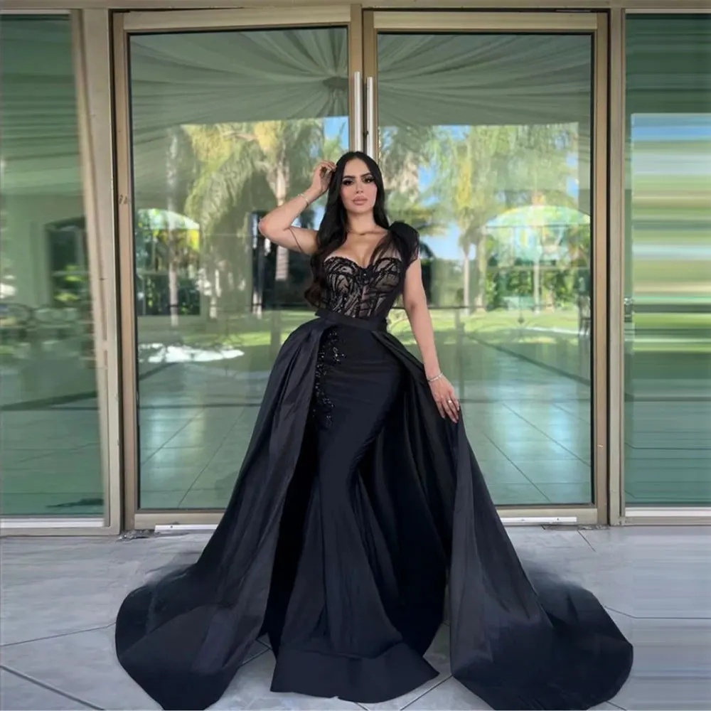 Royal Blue Dubai Evening Dresses With Detachable Train Women Elegant One Shoulder Lace Sleeveless Wedding Prom Gown