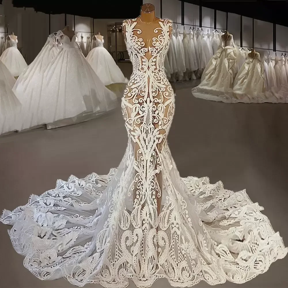 Sexy Mermaid Wedding Dresses Lace Applique Sleeveless O-Neck Sweep Train Custom Made