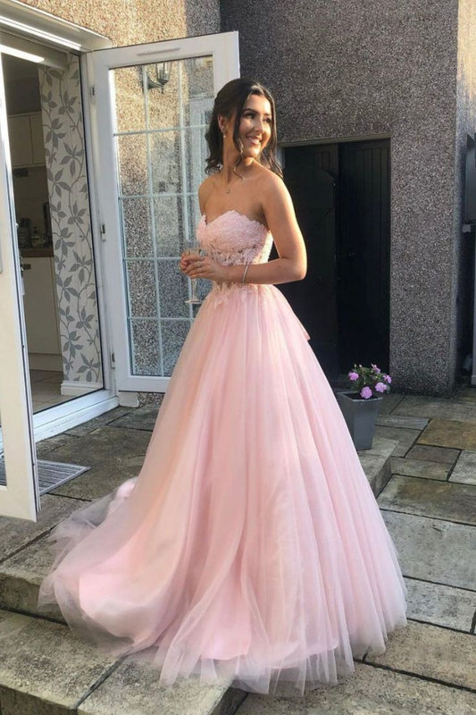 Pink Strapless Lace Long Prom Dresses, A-Line Evening Dresses