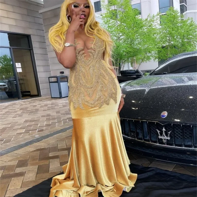 Luxurious Glitz Golden Mermaid Prom Dress Beading Black Girls Evening Gown Velvet Formal Occasion Beaded Lace Party
