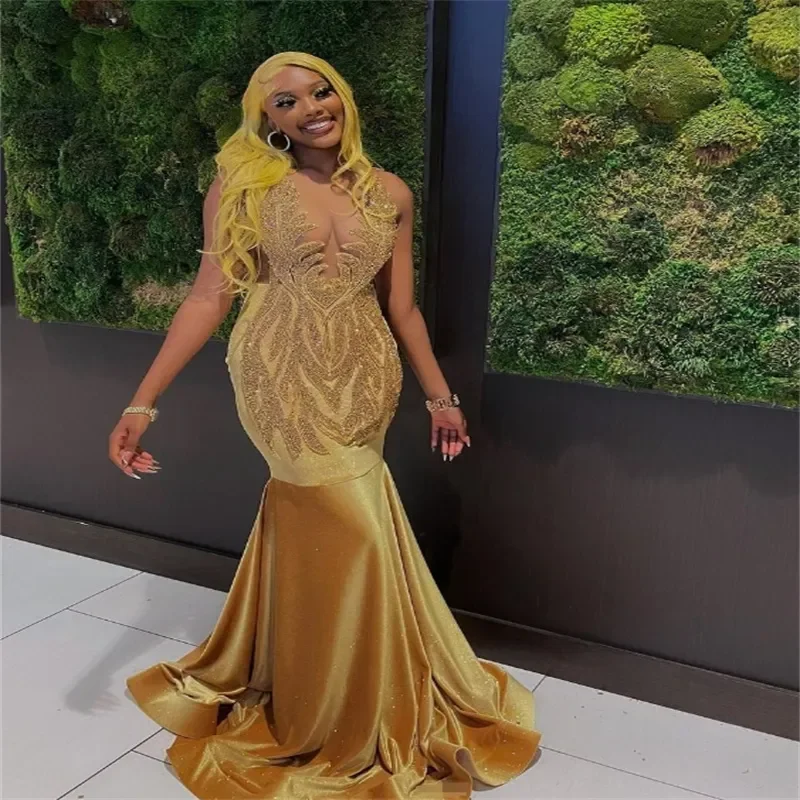 Luxurious Glitz Golden Mermaid Prom Dress Beading Black Girls Evening Gown Velvet Formal Occasion Beaded Lace Party
