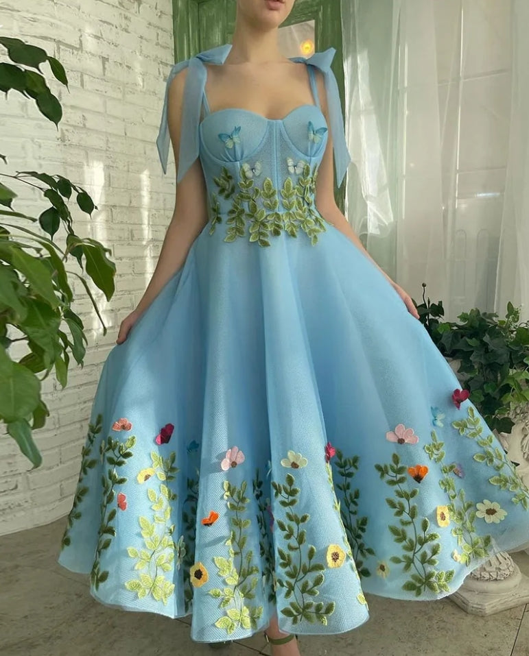 Prom Gown Spaghetti Strap A-line Tea-Length Evening Dresses Applique Birthday Party Dresses