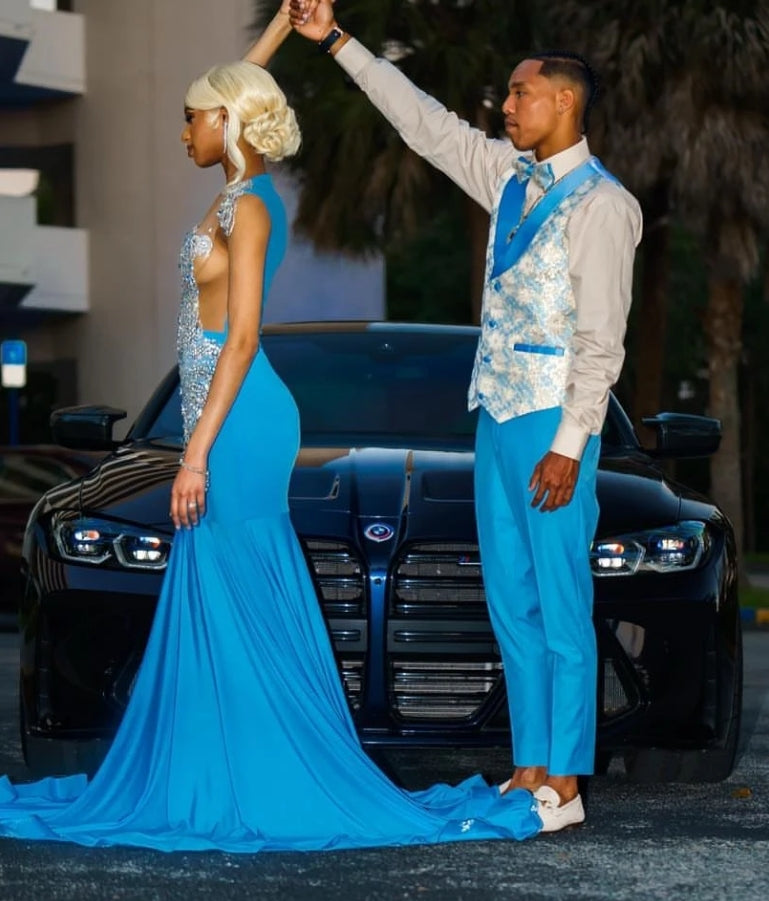 Glitter Blue Mermaid Prom Dress For Black Girls Silver Daimond Rhinestone Beaded Party Gowns