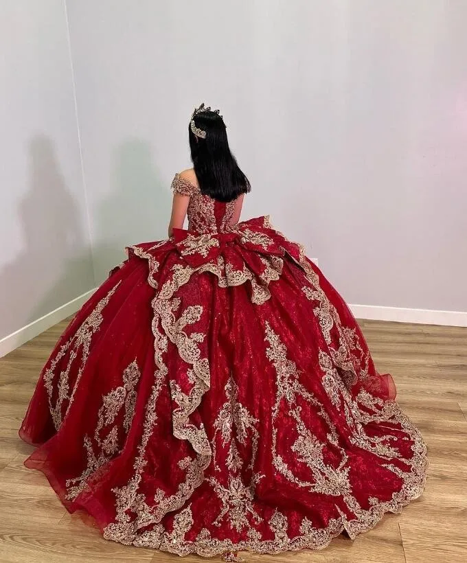 Sparkly Burgundy Princess Quinceanera Dresses Off Shoulder Ruffles Gold Applique Corset