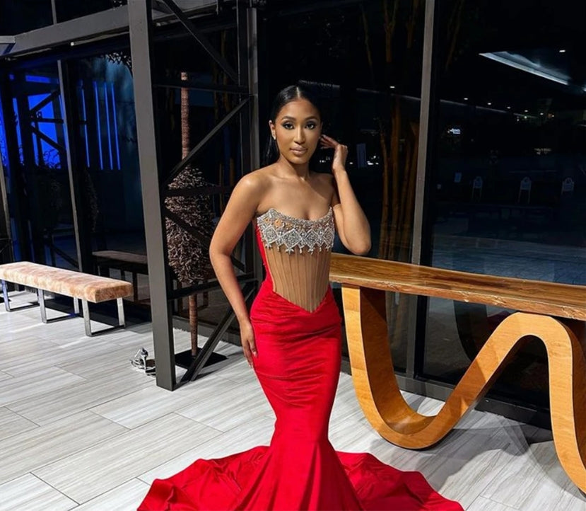 Red Velvet Sliver Beaded Strapless Prom Dresses Luxury Gowns Mermaid Dress For Party Wedding Evening Sexy Formal Gowns