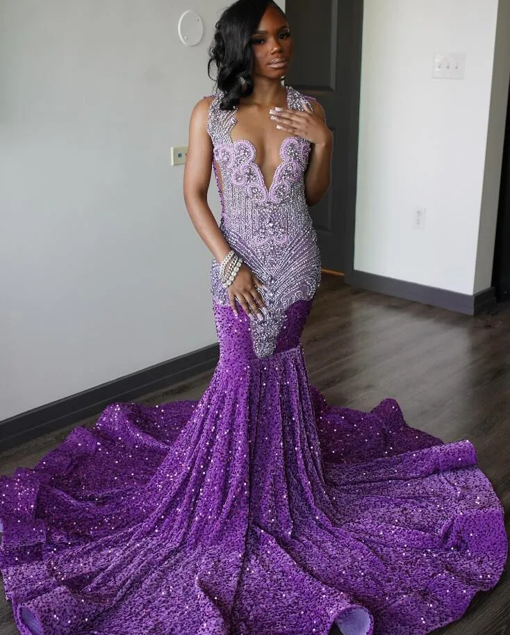 Purple Sparkly Long Mermaid Prom Birthday Gala Dresses for Black Girl Luxury Diamond Velvet Sequins Evening Ceremony Gown