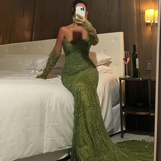 Dubai Luxury Olive Green Beaded Mermaid Evening Dress Sexy Strapless With Gloves For Women Party Gown