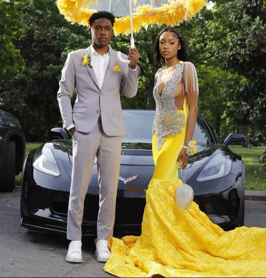 Luxury Yellow Flowers Train Rhinestones Luxury Prom Dress For Black Girls Mermaid Dress Party Evening