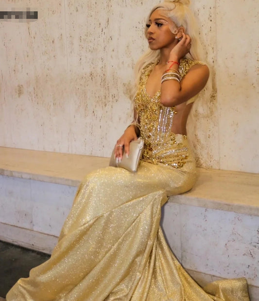 Gold Sequin Mermaid Prom Dress Blackgirls Rhinestones Crystal Birthday Party Gala Gowns