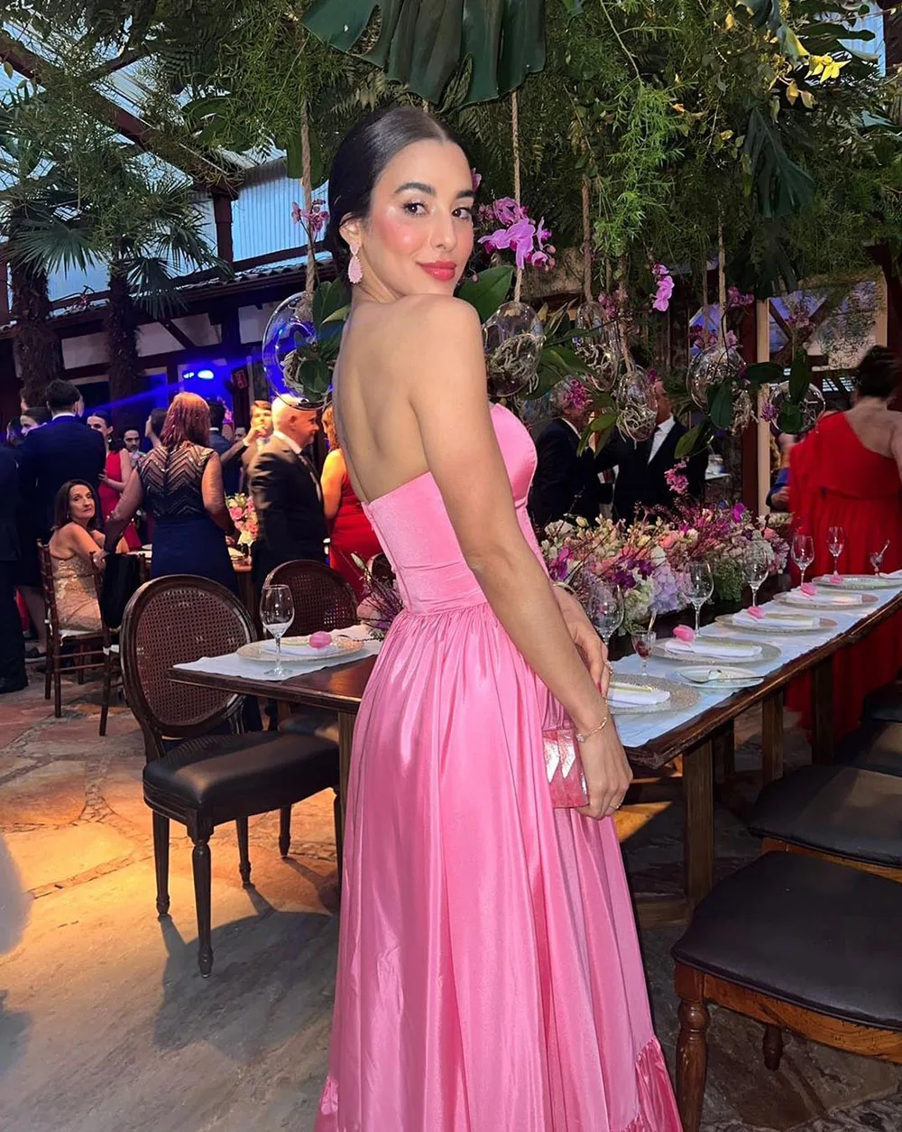 Hot Pink Silk Evening Dress Sexy Strapless A-line Prom Dress Wedding Banquet Party Dress Dinner Night Gown