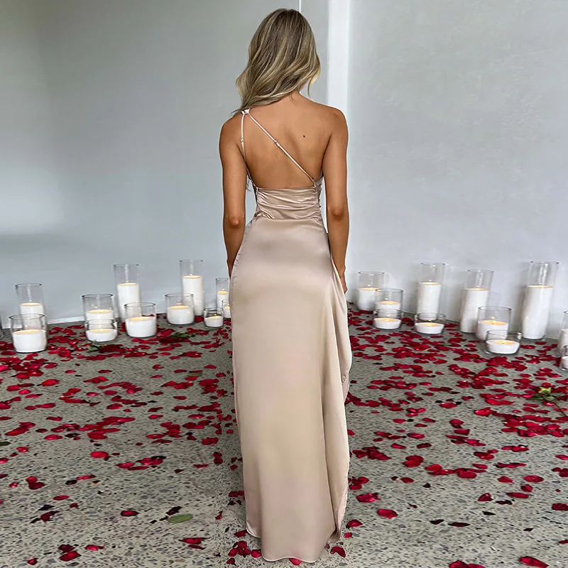 Women's summer One Shoulder Shrink Pleated Split Sexy Satin Dress Slim Solid Color Long Dresses Prom Dresses