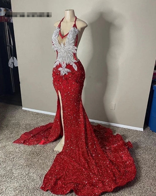 Sliver Appliques Red Sequin Halter Prom Dresses For Black Girls Slit Mermaid Cocktail Dress Elegant Formal Occasion Gowns