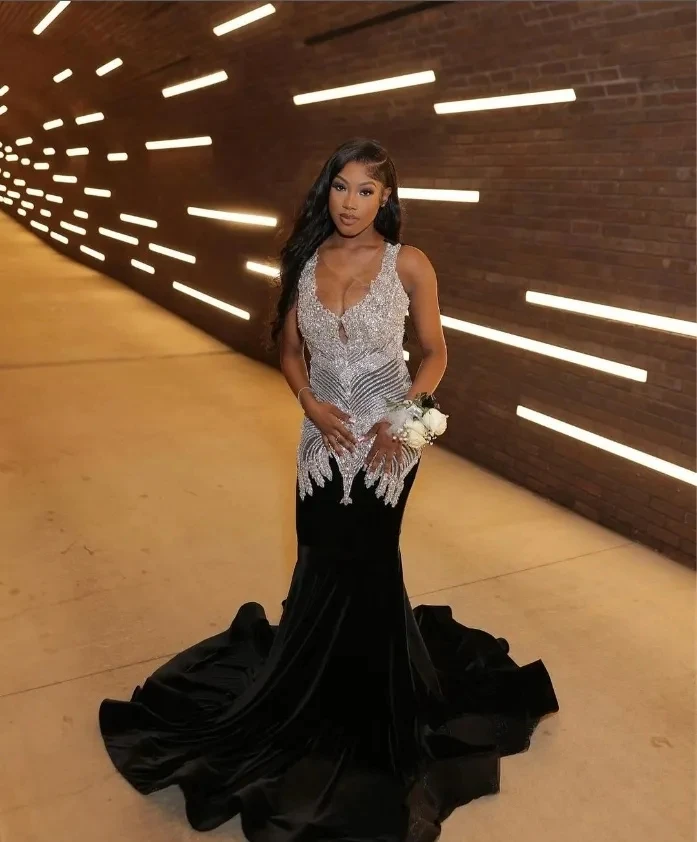 Sparkling Diamond Mermaid Prom Dress Luxury Crystal Beaded Birthday Black Girl Womens Party Prom Dress blackgirl