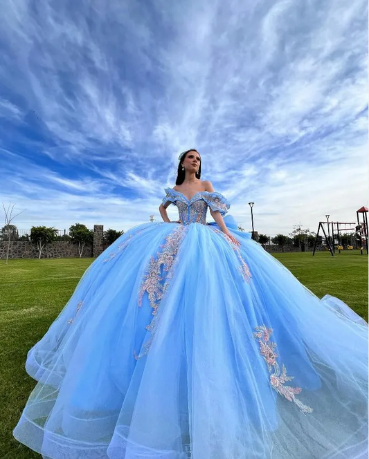Sky Blue Princess Quinceanera Dresses Ruffles Peplum Off Shoulder Floral Applique Corset