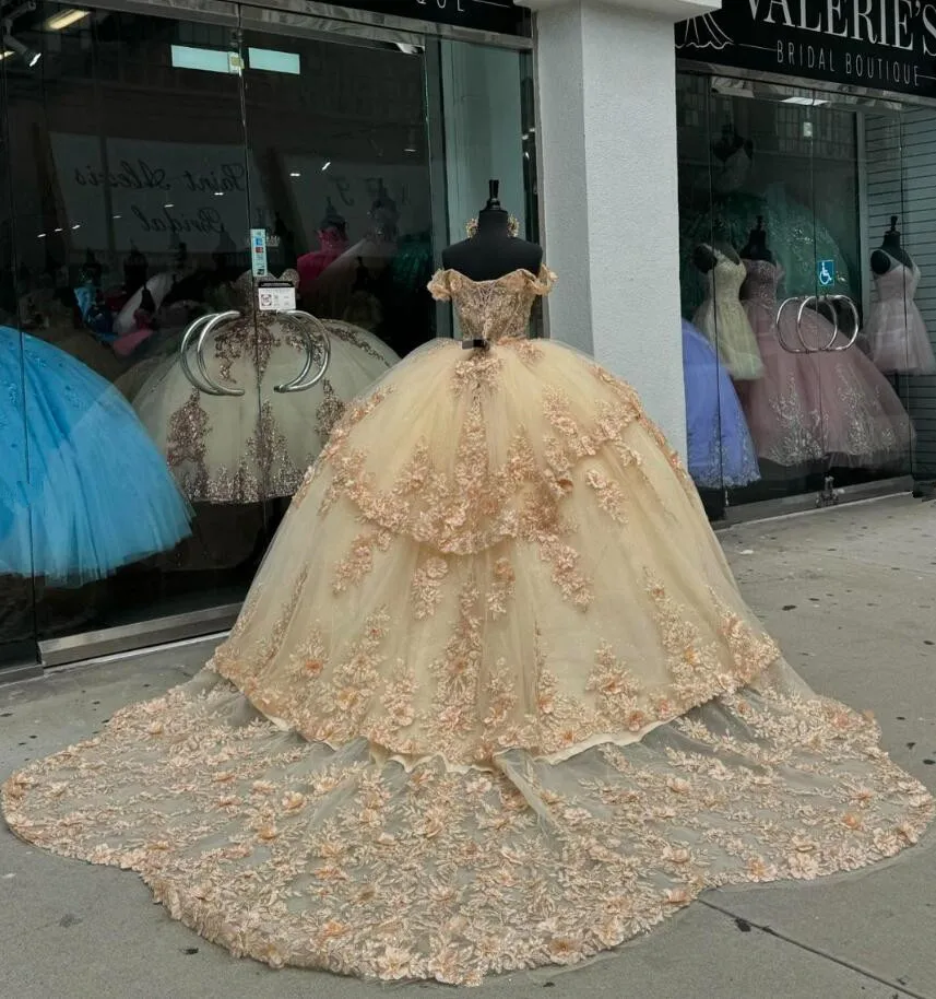 Champagne Luxury Princess Quinceanera Dresses Off Shoulder 3D Floral Applique Corset Lace-up