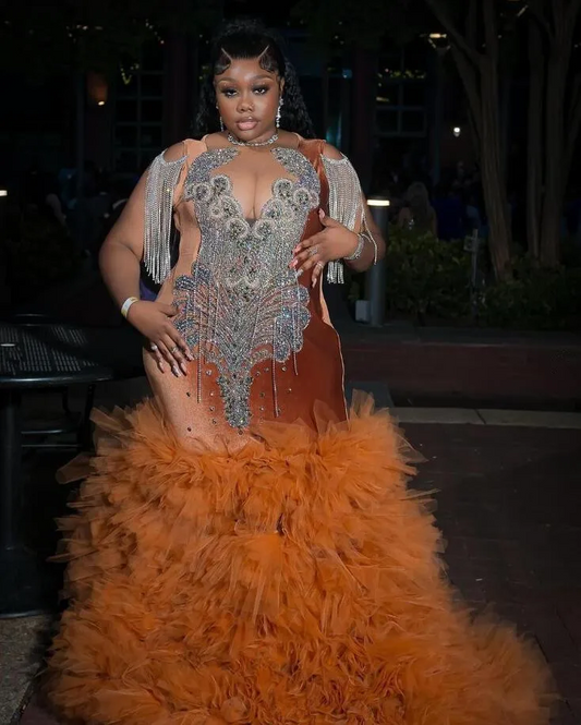Brown Sparkly Plus Size Prom Ceremony Dresses for Black Girl Luxury Diamond Tassel Ruffles Skirt Evening Birthday Gala Gown