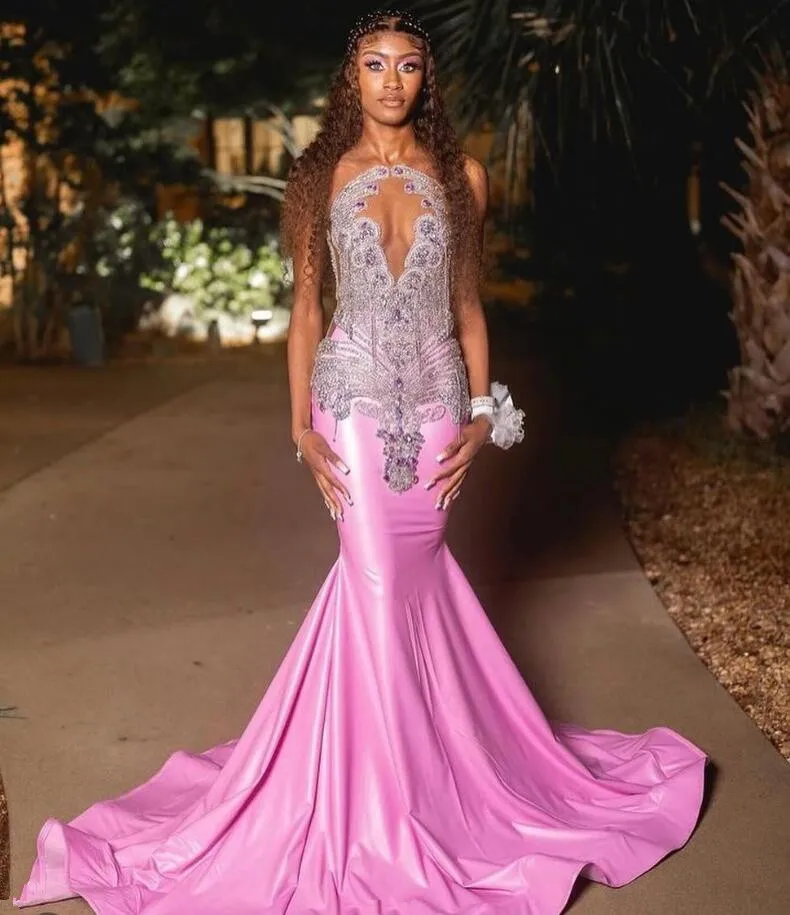 Pink Long Sparkly Mermaid Prom Birthday Gala Dresses Luxury Diamond Gillter Evening Ceremony Dress