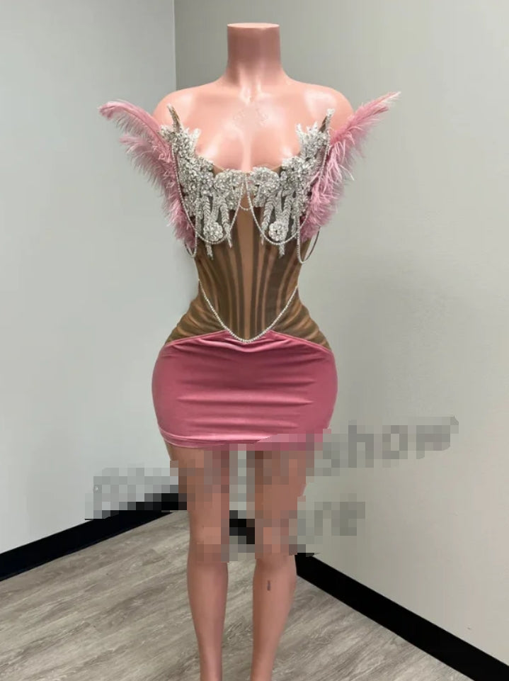 Luxury Peach Pink Short Cocktail Party Dress Sexy Beaded Feather Mini Dress