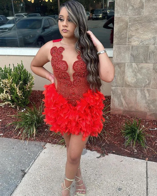 Red Luxury Short Prom Homecoming Dresses Sparkly Diamond Crystal Feather Birthday Party Gown