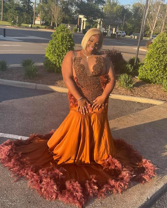 Brown Long Mermaid Evening Party Dresses for Black Girl Plus Size luxury Diamond Crystal Feather Prom Gala Gown