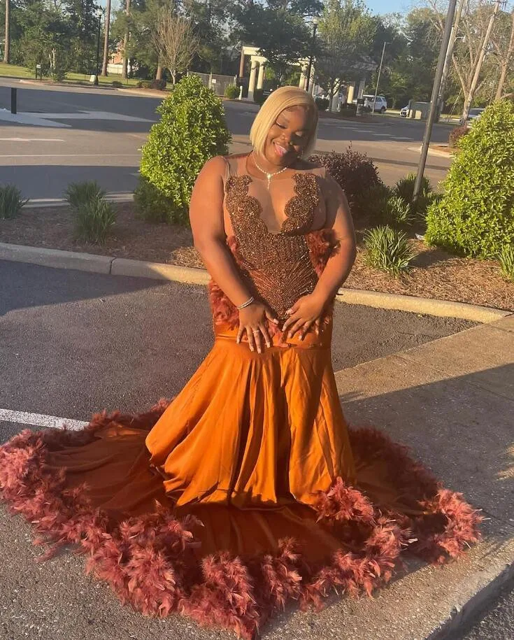 Brown Long Mermaid Evening Party Dresses for Black Girl Plus Size luxury Diamond Crystal Feather Prom Gala Gown