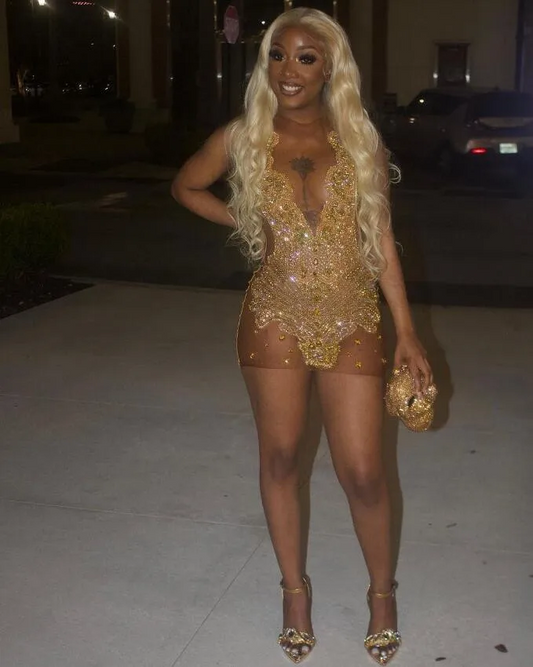 Gold Sparkly Mini Cocktail Dresses for Black Girl Luxury Diamond Crystal Birthday Party Gown Dress Sheer Mesh