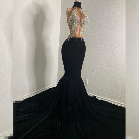 Sexy See Through Mermaid Prom Dresses Blackgirl Crystal Velvet Mermaid Party Gowns African Women
