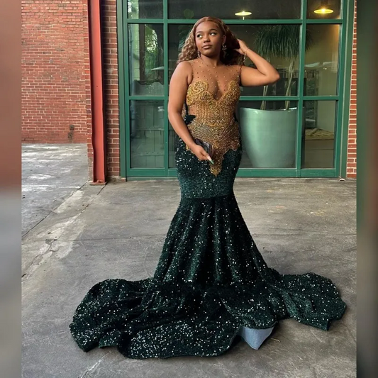 Dark Green With Gold Diamond Prom Dresses Crystal Mermaid Party Gowns Long Birthday Outfits