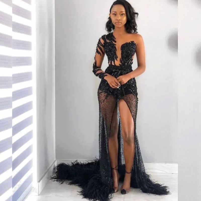 Sexy See Through Prom Dresses For Black Girls One Shoulder Mermaid Split Party Gowns Sequin Beading