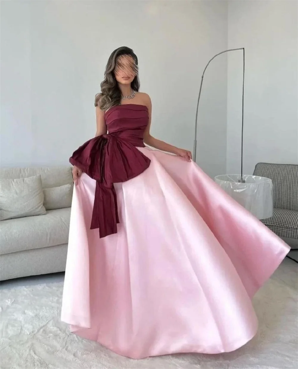 Satin A-line Strapless Ruffle Arab Prom Gown Bow Floor Length Saudi Evening Formal Elegant Party Dress for Women