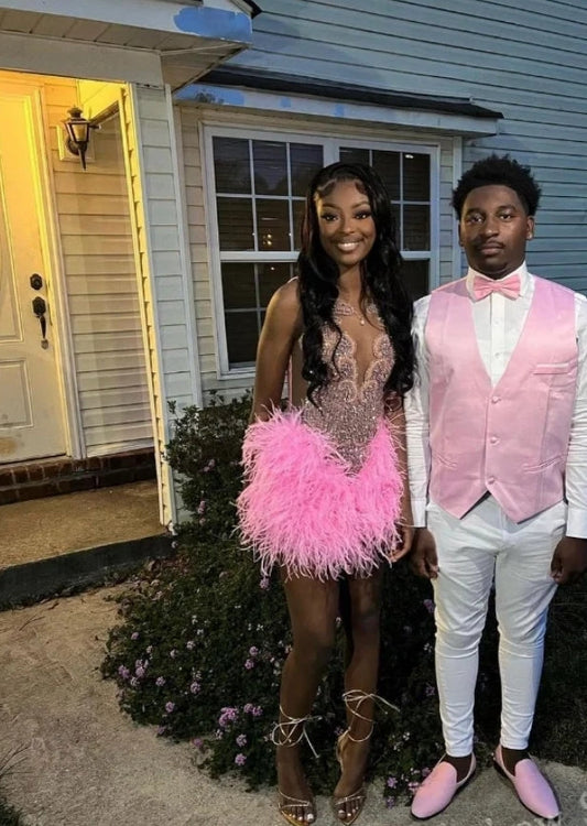 Luxury Peach Pink Short Homecoming Prom Dress Glitter Crystal Rhinestone Feather Black Girls Birthday Party