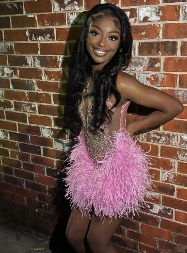 Luxury Peach Pink Short Homecoming Prom Dress Glitter Crystal Rhinestone Feather Black Girls Birthday Party