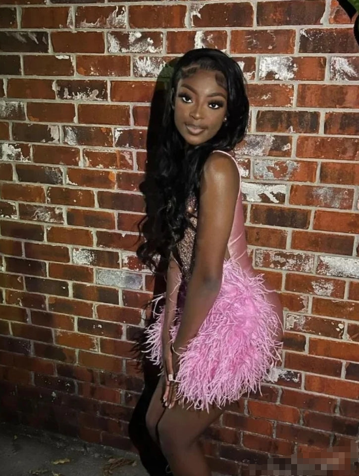 Luxury Peach Pink Short Homecoming Prom Dress Glitter Crystal Rhinestone Feather Black Girls Birthday Party