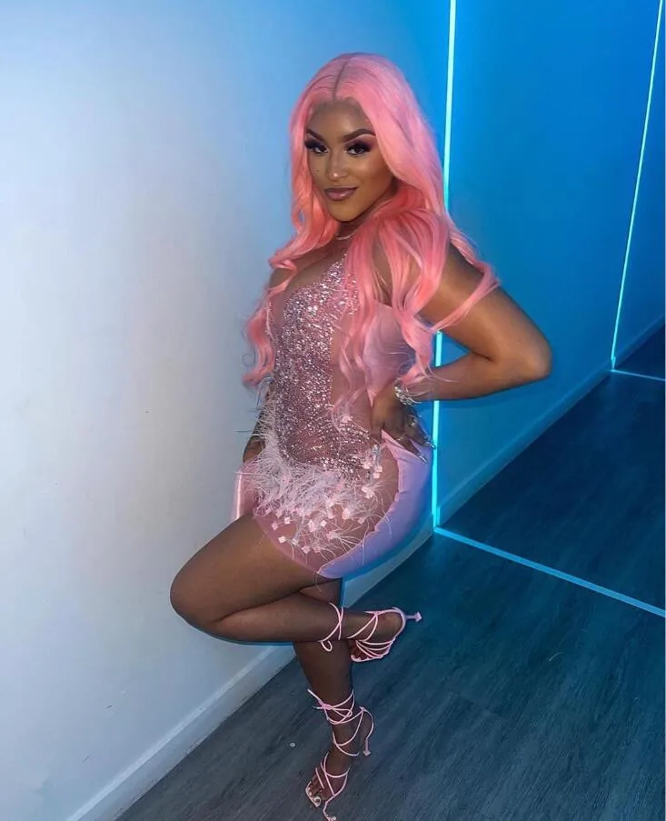 Pink Sparkly Short Prom Homecoming Dresses Luxury Crystal Feather Sheer Mesh Black Girl Birthday Cocktail Gala Gown