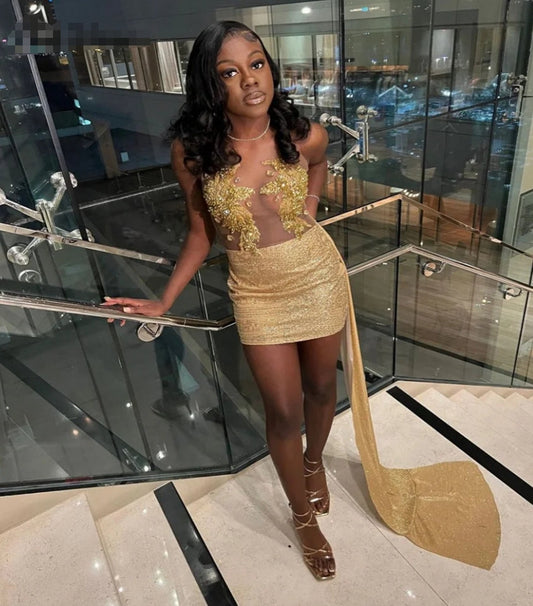 Gold Black Girls Homecoming Dress With Train Top Beaded Hoco Birthday Party Evening Dress Sequin