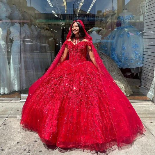 Red Quinceanera Dresses Ball Gown Sweet 16 Dress With Cape Applique 3D Flower Pageant