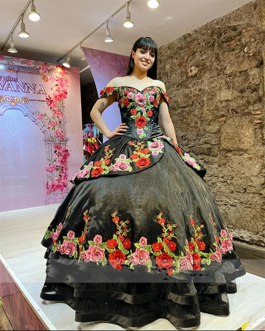 Luxury Mexican 3D Flower Embroidery Quinceanera Dresses Off The Shoulder Lace Princess Sweet 16 Dress