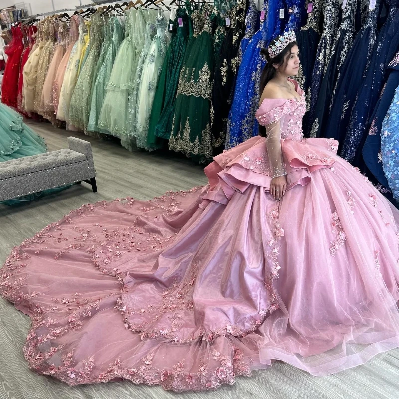 Pink Sparkly Princess Quinceanera Dresses Floral Applique Lace Beads Corset