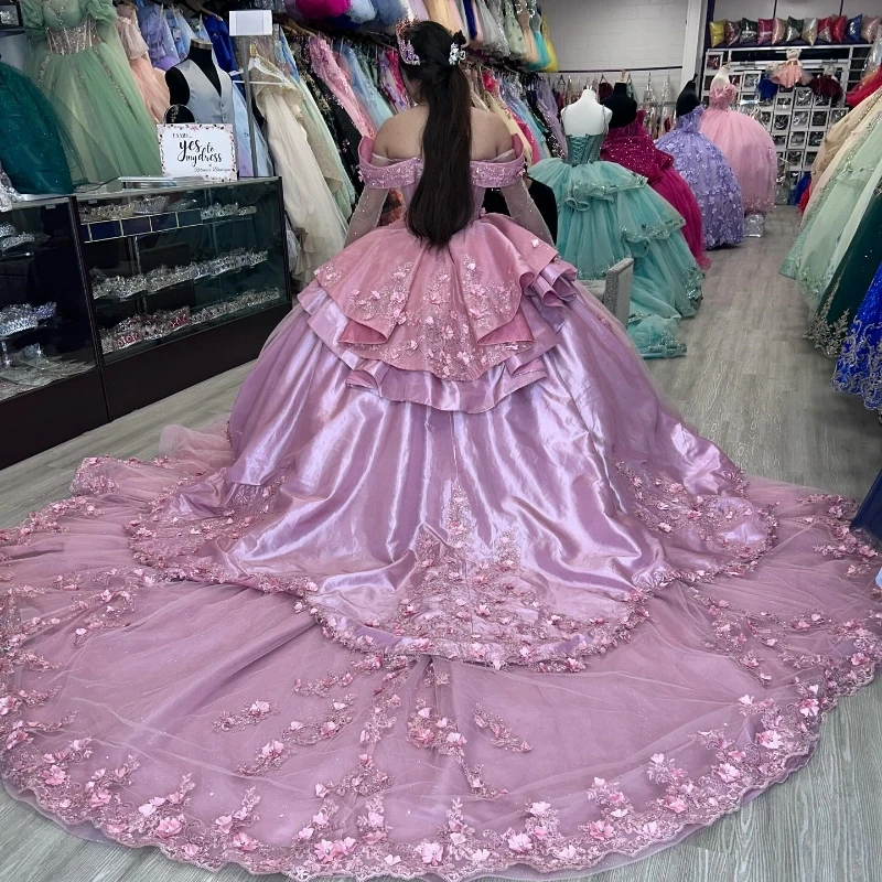 Pink Sparkly Princess Quinceanera Dresses Floral Applique Lace Beads Corset