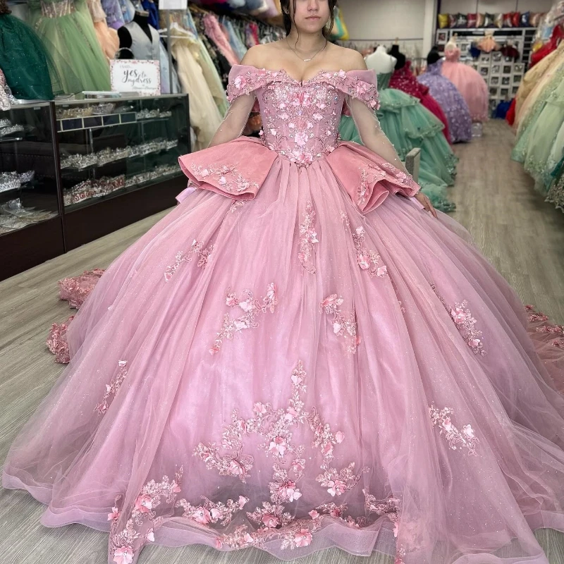 Pink Sparkly Princess Quinceanera Dresses Floral Applique Lace Beads Corset