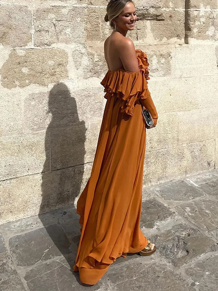 Summer Elegant Solid Ruffles Maxi Dress For Women Fashion Off Shoulder High Waist Chic Female Evening Party